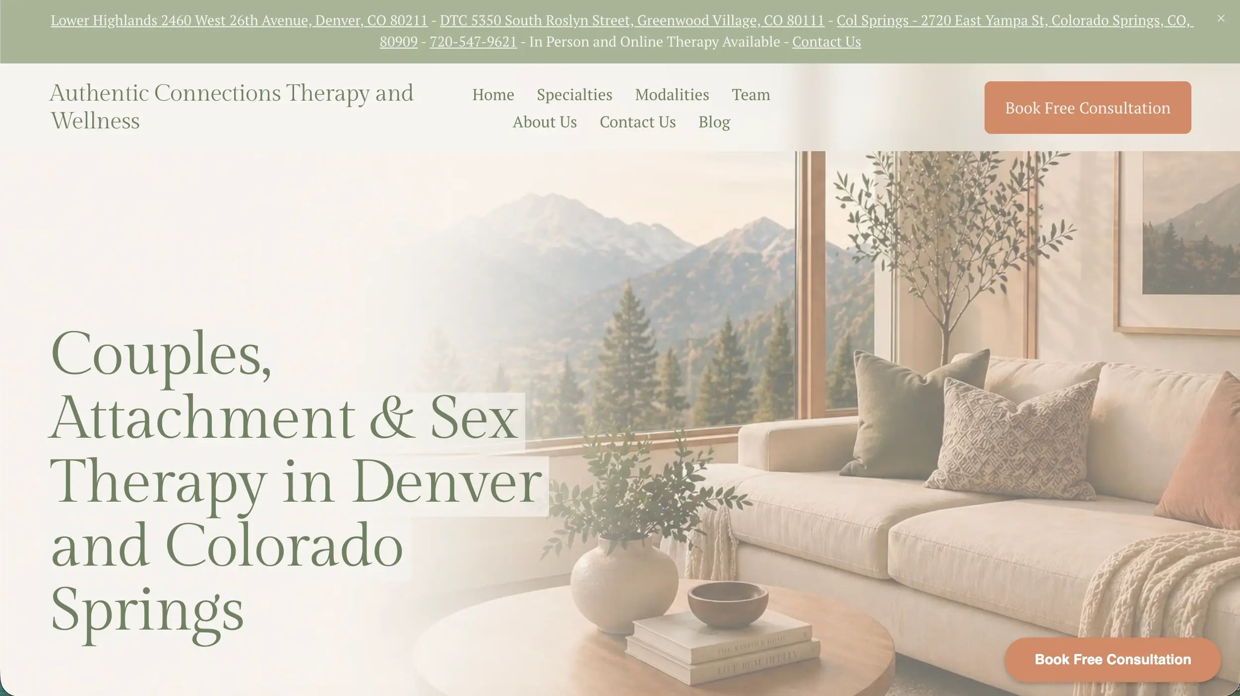 Authentic Connections Therapy and Wellness website homepage example